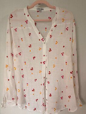 Rose Beverly Womens Top XXL White Sheer Floral Long Sleeve Button Up Plus Size
